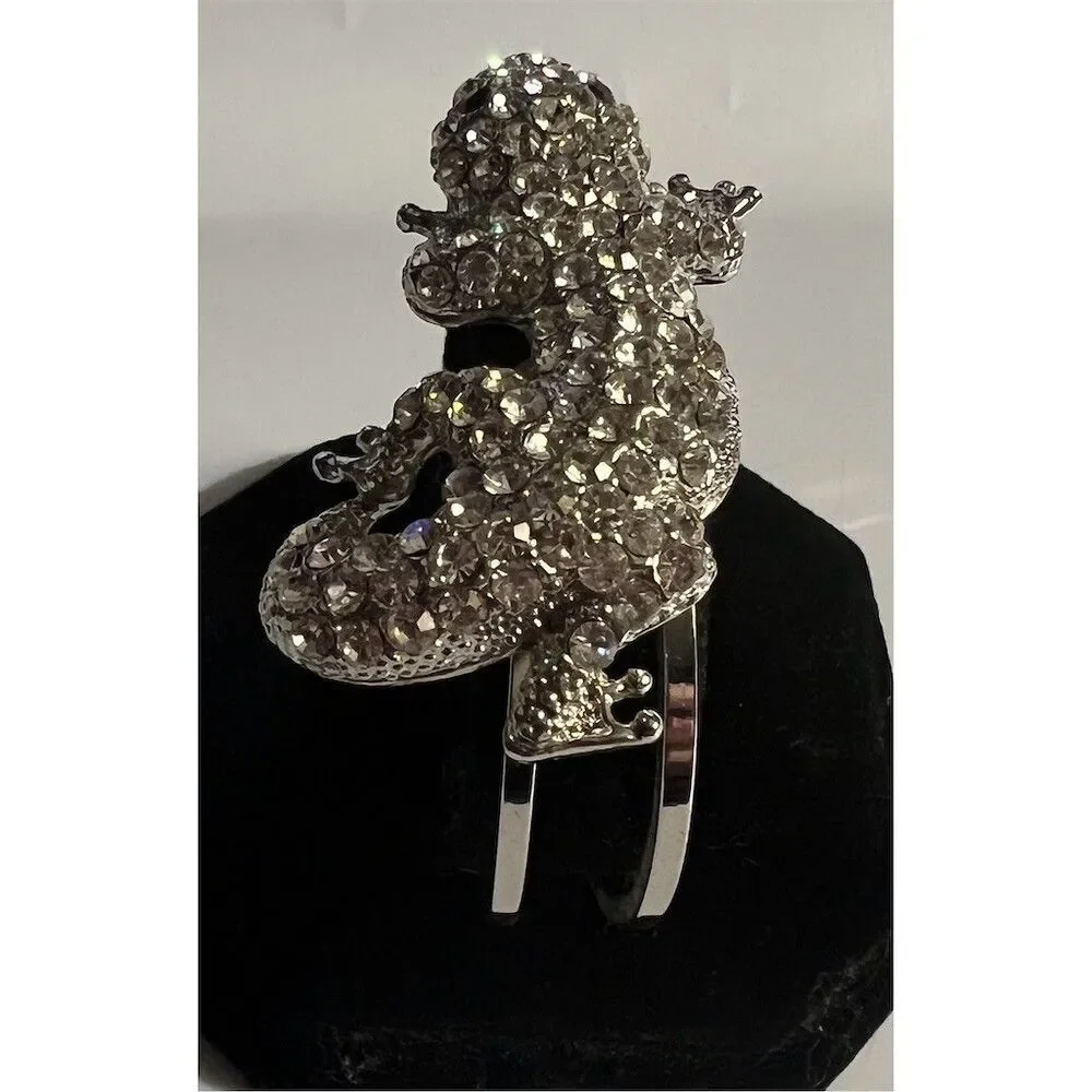 Rhinestone Gecko Lizard Hinged Cuff Bracelet Silver Tone Clear Crystal